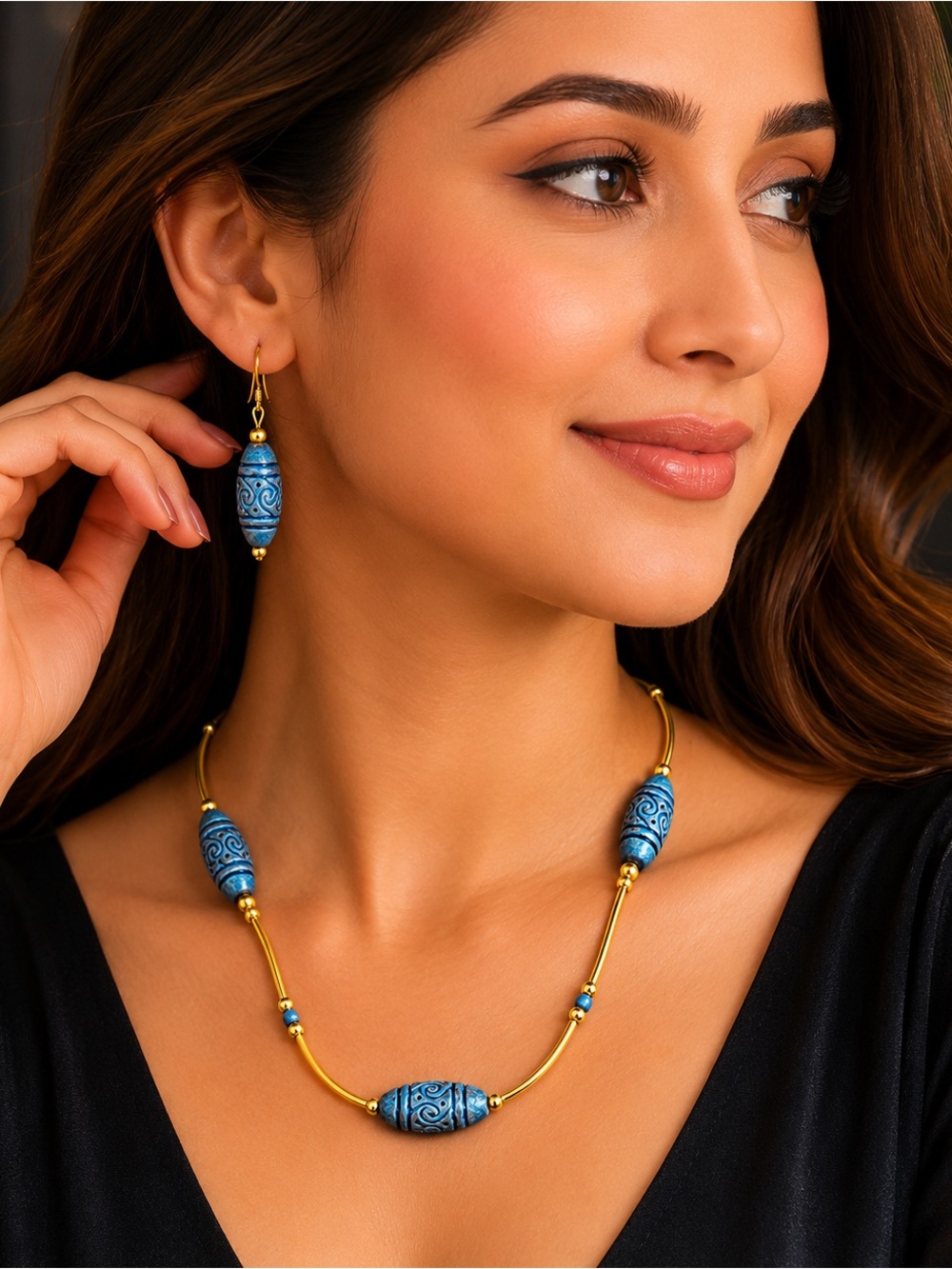 24” Carved Wooden Blue Beaded Brass Necklace and Matching Earrings